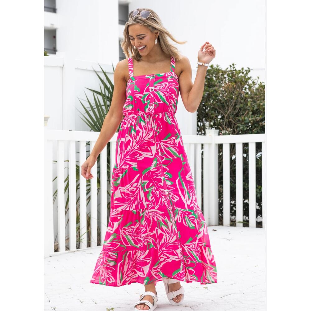 OneTheLand Maxi Dress Pink Tropical Leaf Print Boho Resort Size Small VGUC‎
